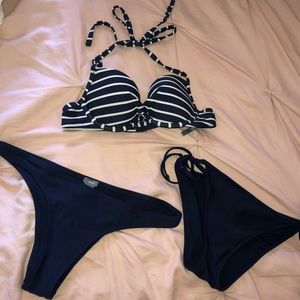 Aerie bikini navy blue and white bikini set